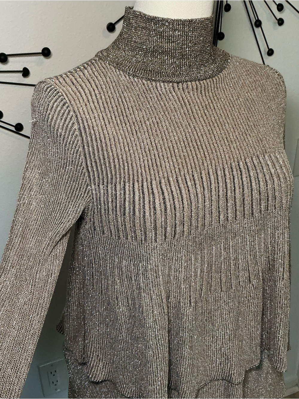 Zara Metallic Ribbed Knit Tiered Mock Neck Midi Dress Gold Beige Small - Picture 2 of 4